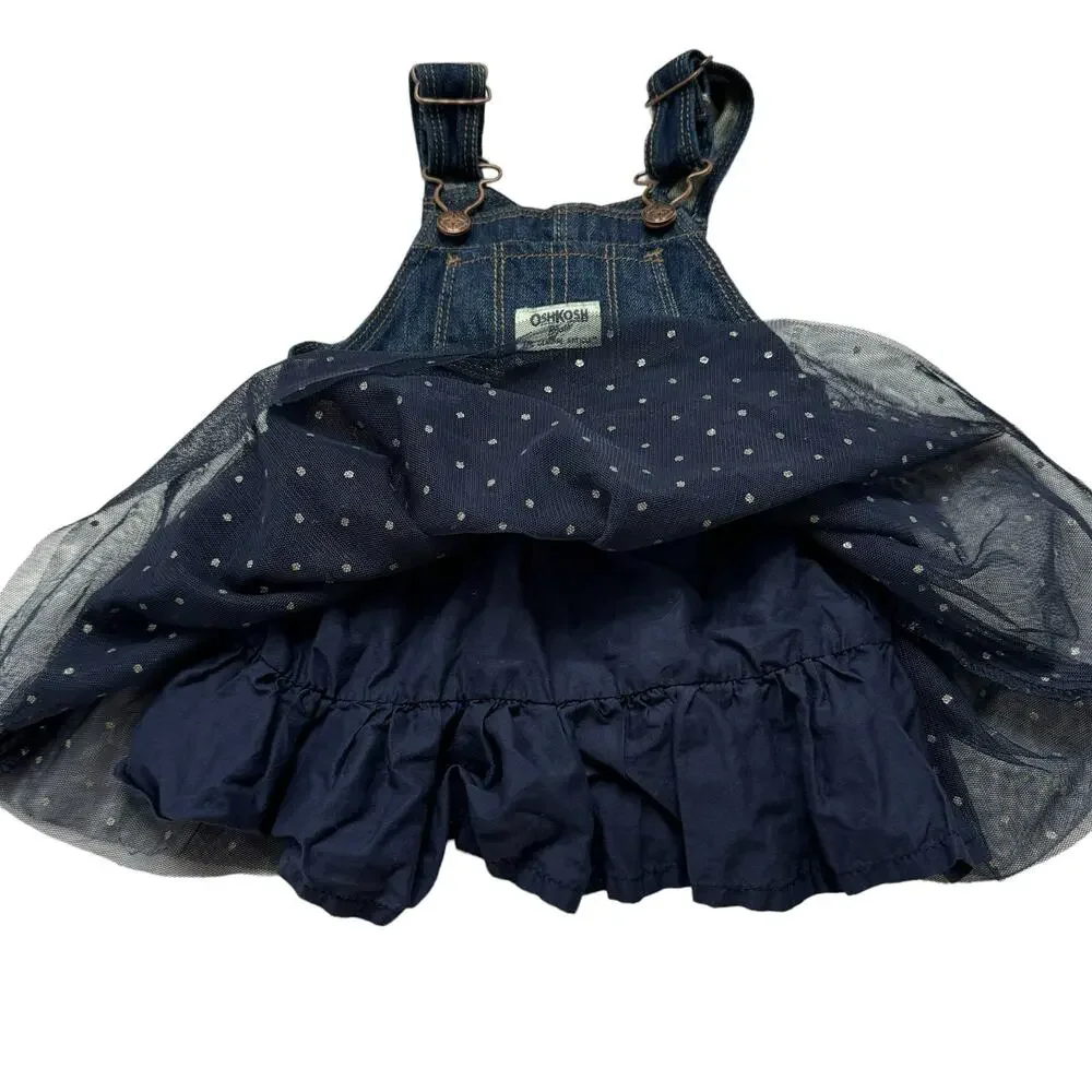 OSHKOSH Tule Sparkle Skirt Denim Overalls Size 12 Months Girls Lined Blue